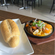 Stewed Beef Brisket with Fried Egg and Baguette Roll