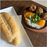 Vietnamese Meat Balls with Fried Egg and Baguette Roll